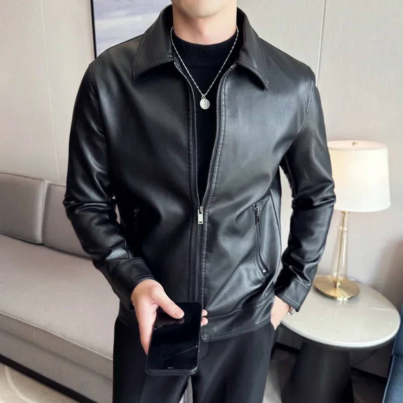 

Bomber Coats Motorcycle Fashion PU Leather Jacket Brand New Anti-wind Leather Jacket Lapel Solid Casual Slim Fit Jacket Men