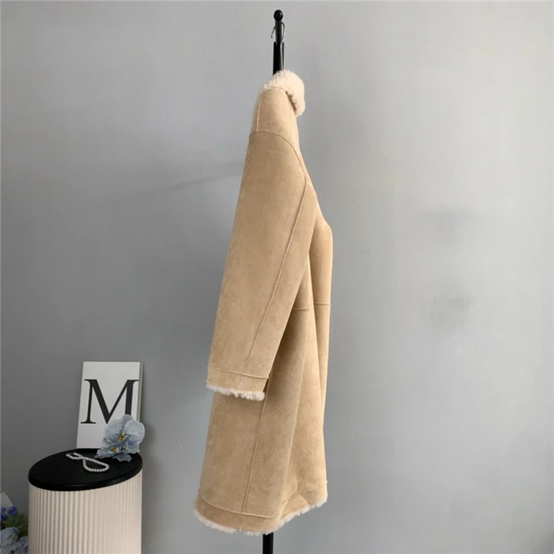 معطف نسائي متكامل من الفرو مزدوج الجوانب للخريف والشتاء معاطف لامبير مزدوجة الصدر موضة من جلد الغزال سترة دافئة سميكة