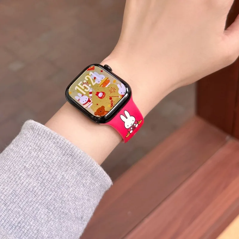 Cute Miffy Silicone Watch Band for Apple Watch Series 11 10 9 8 Ultra Festive Character Design Wrist Strap Smartwatch Bracelet