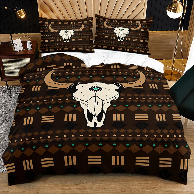 2/3Pcs Microfiber Duvet Cover Set,Ultra-Soft,Breathable,Multi-Sizes,Skin-Friendly,Boho Western Tribal Cow Skull Pattern Bedding