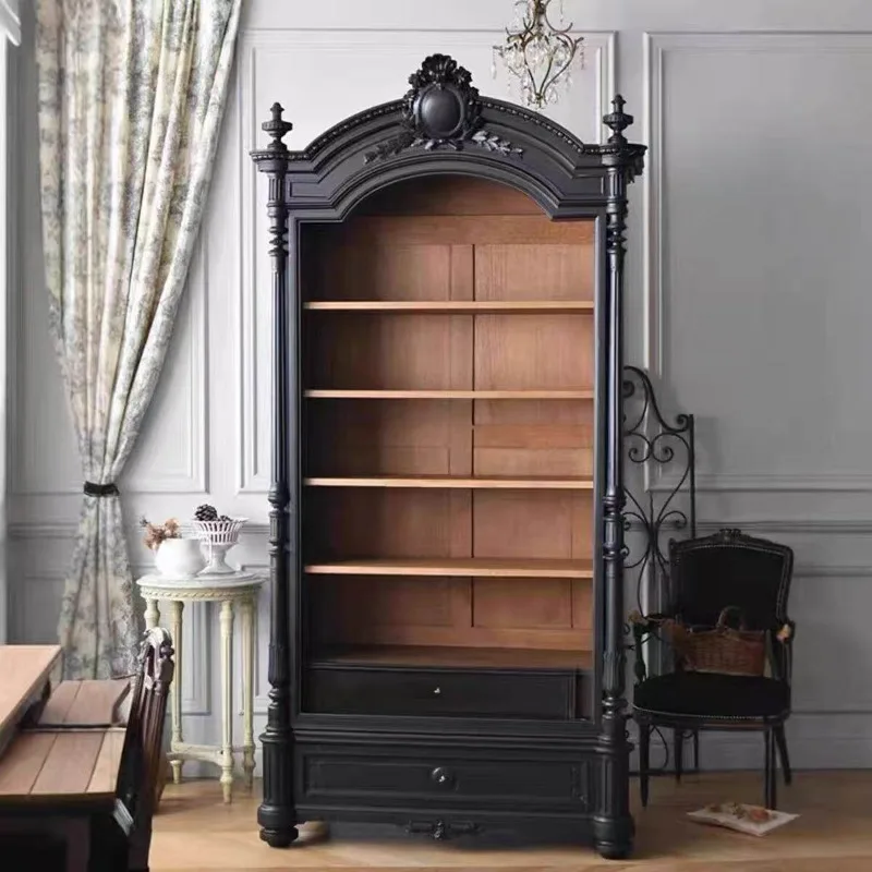 French solid wood carving flower dining side cabinet small apartment household wall black locker display cabinet American multi-