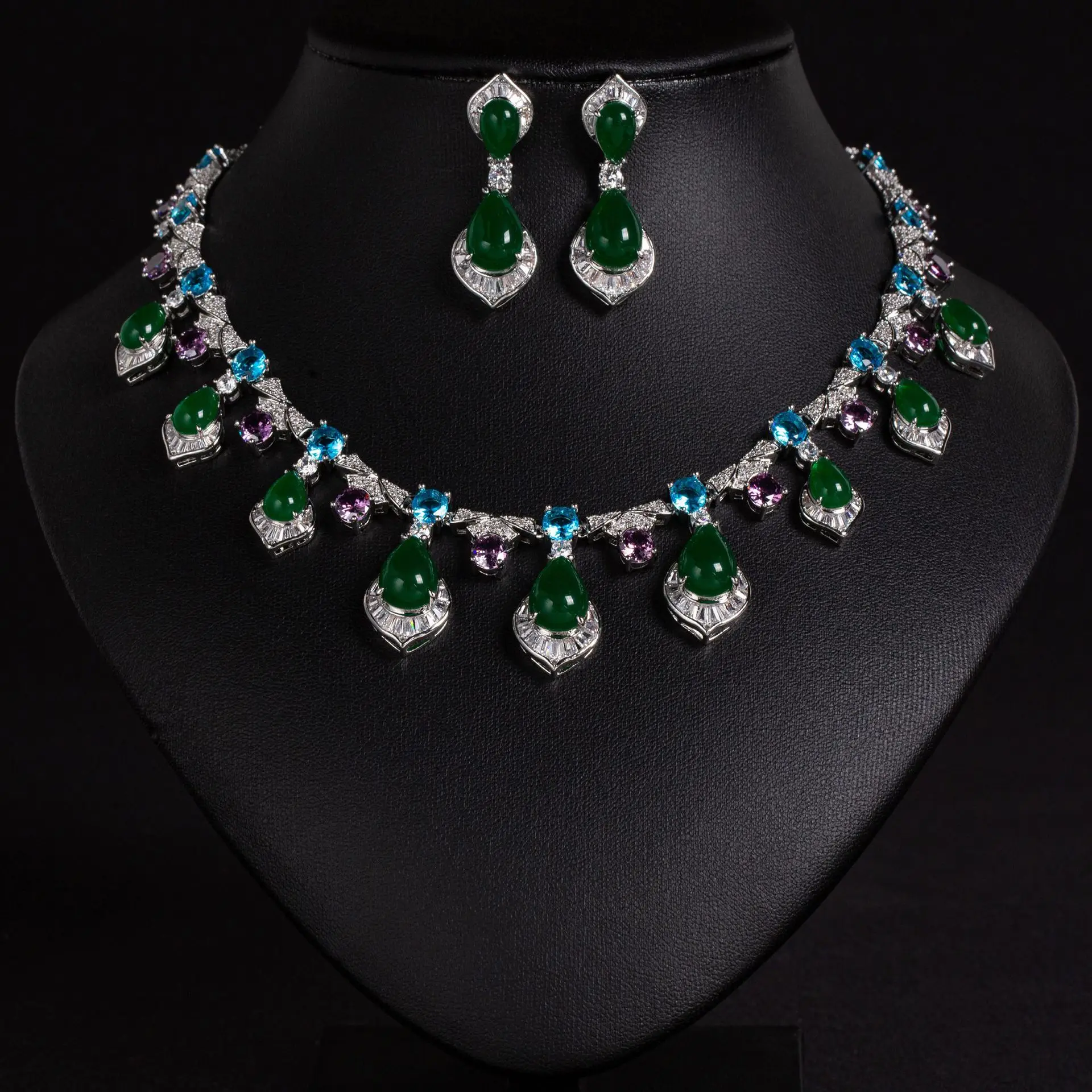 Beautiful Water Drop Imitation Chalcedony Cubic Zirconia Necklace Earrings Set Wedding Lady Party Accessories