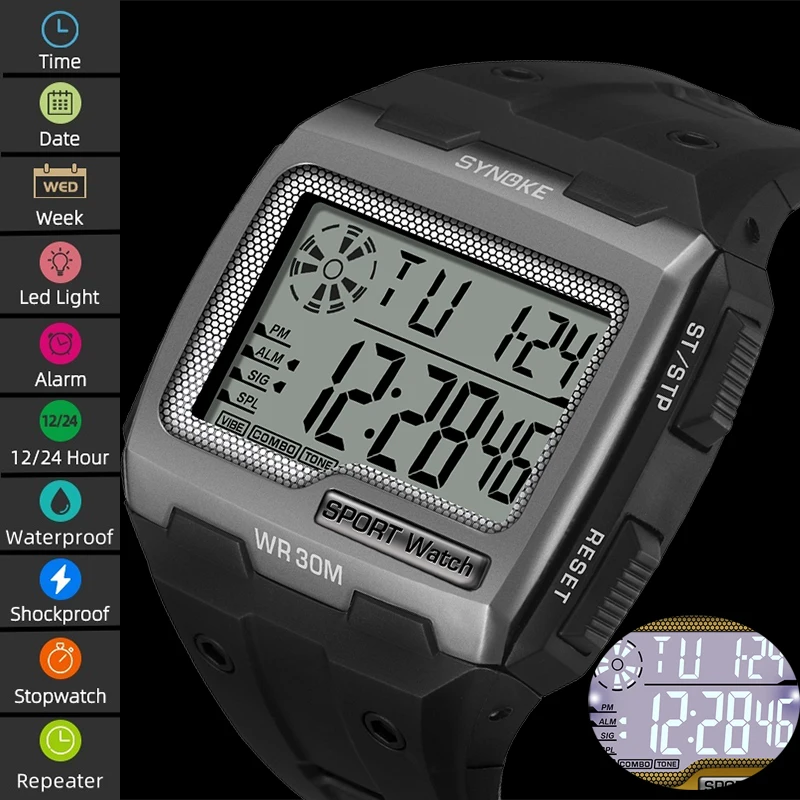 Synoke-Montre de sport de plein air pour homme, antichoc, grande taille, cadran LED, étanche, natation, montre-bracelet numérique, mode masculine, alarme