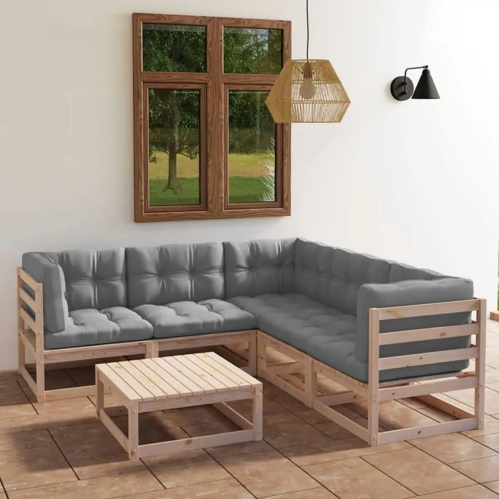 6-Piece Solid Wood Pine Patio Lounge Set with Cushions - Outdoor Furniture for Relaxation