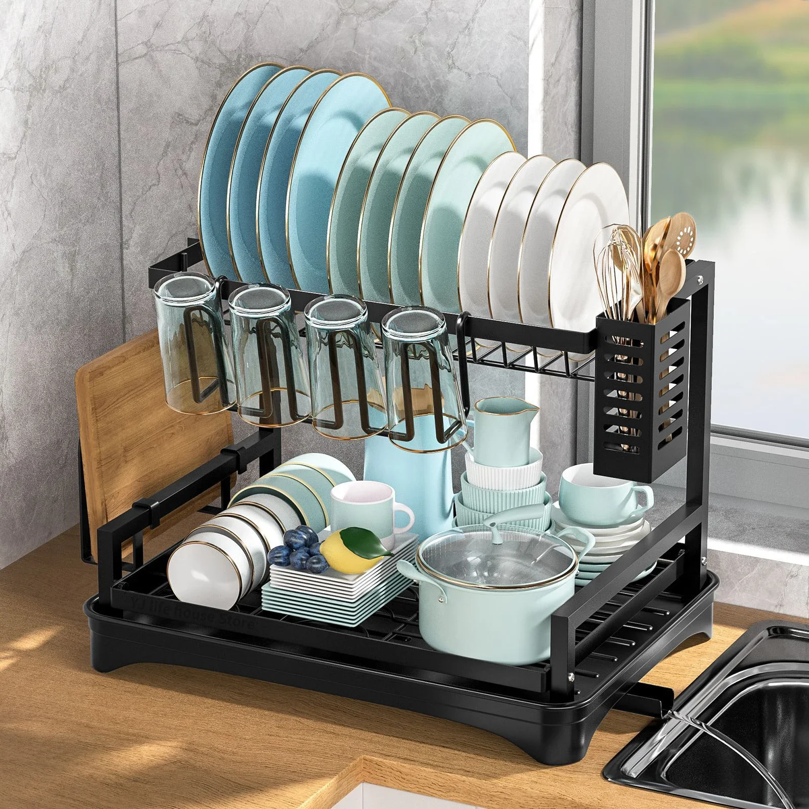 

Double-layer Dish Drying Rack with Drip Tray Kitchen Sink Storage Space Saver Kitchen Counter Organizer Tableware Drainboard