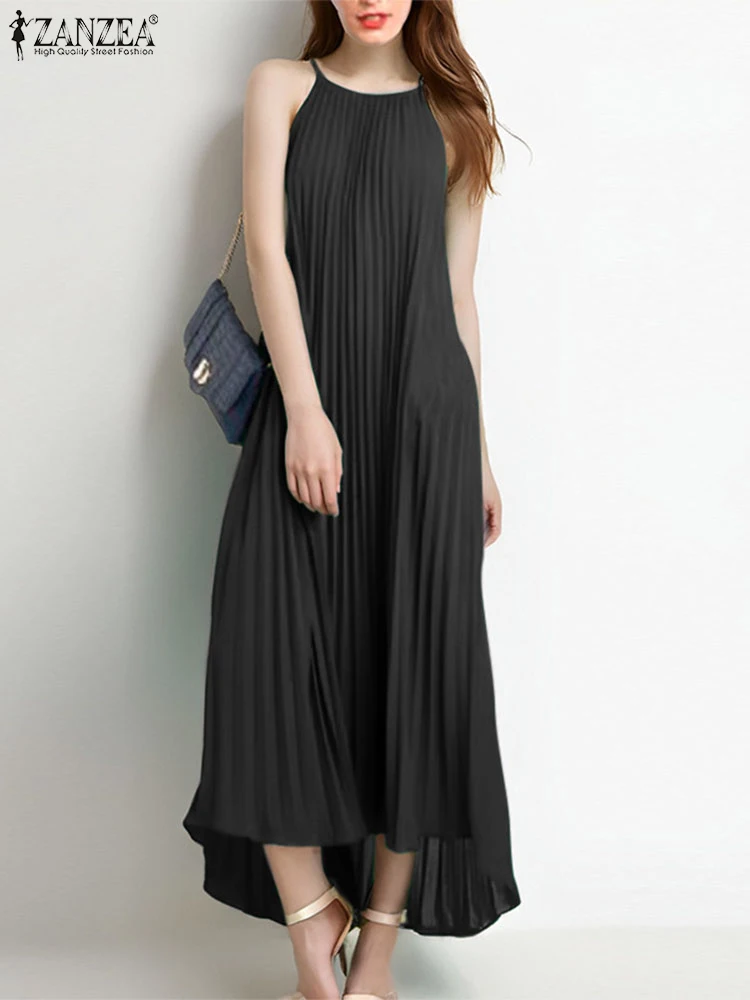 ZANZEA 2025 Vestidos plisados de verano, vestido largo liso sexi, batas sin mangas con tirantes a la moda, Vestidos largos Vintage con dobladillo Irregular