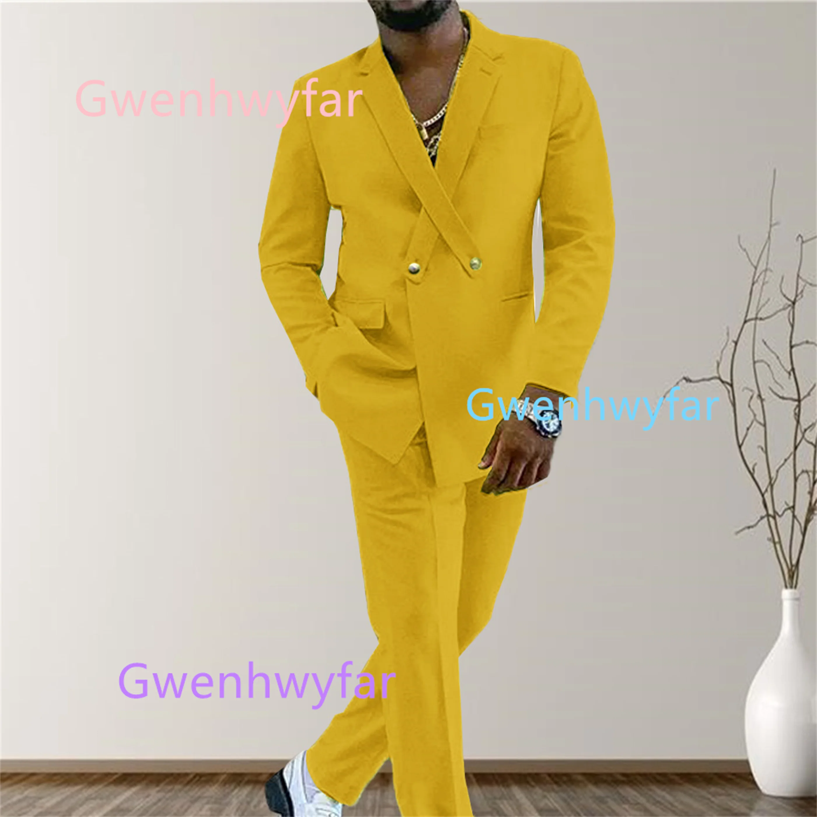 

G&N мужской костюм-двойка на заказ, желтый элегантный костюм с перекрестными лацканами для молодых мужчин, пиджак, брюки для вечеринок и особых случаев