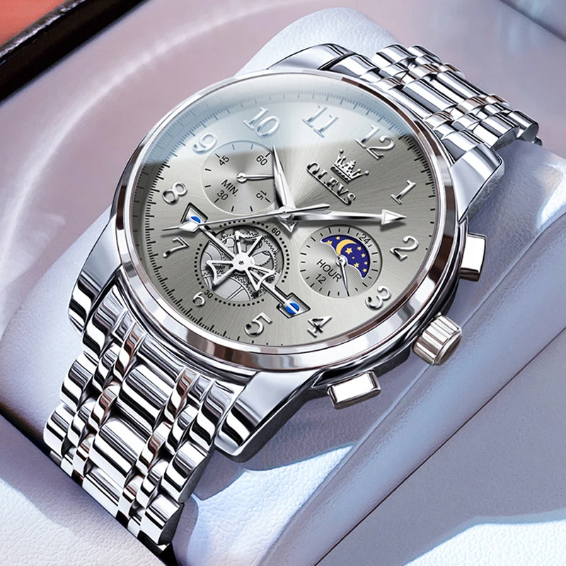 

OLEVS мужские часы классический многофункциональный турбийон хронограф оригинальные кварцевые наручные часы фаза Луны 24-часовой водонепроницаемый Reloj