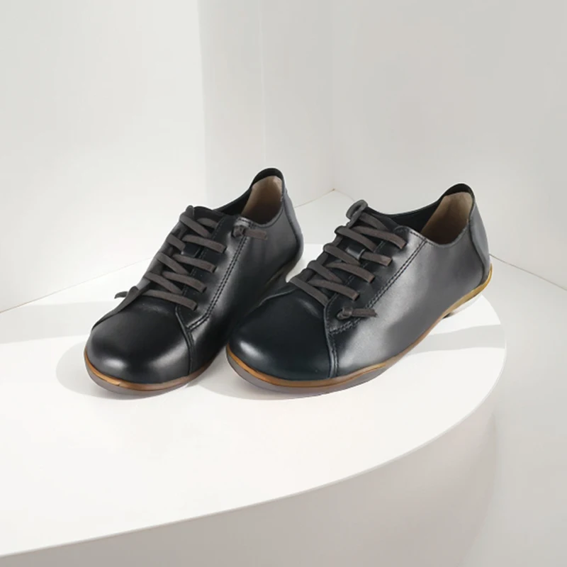 

Barefoot Casual Shoes Women Cow Leather Round Toe Flats Ballerinas Elastic Band Retro Female Footwear