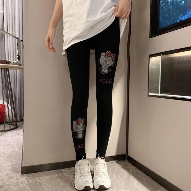 Hello Kittys Rhinestones Leggings Sanrios Anime Kawaii Cartoon Figure High Waist Cropped Flash Leggings Versatile Slim Slimmings