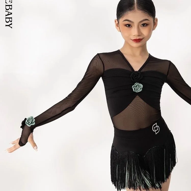 소녀 플라멩코 의상 섹시한 프린지 드레스 여성 여성 댄스 슈트 전문 라틴 댄스 드레스 메쉬 라틴 드레스