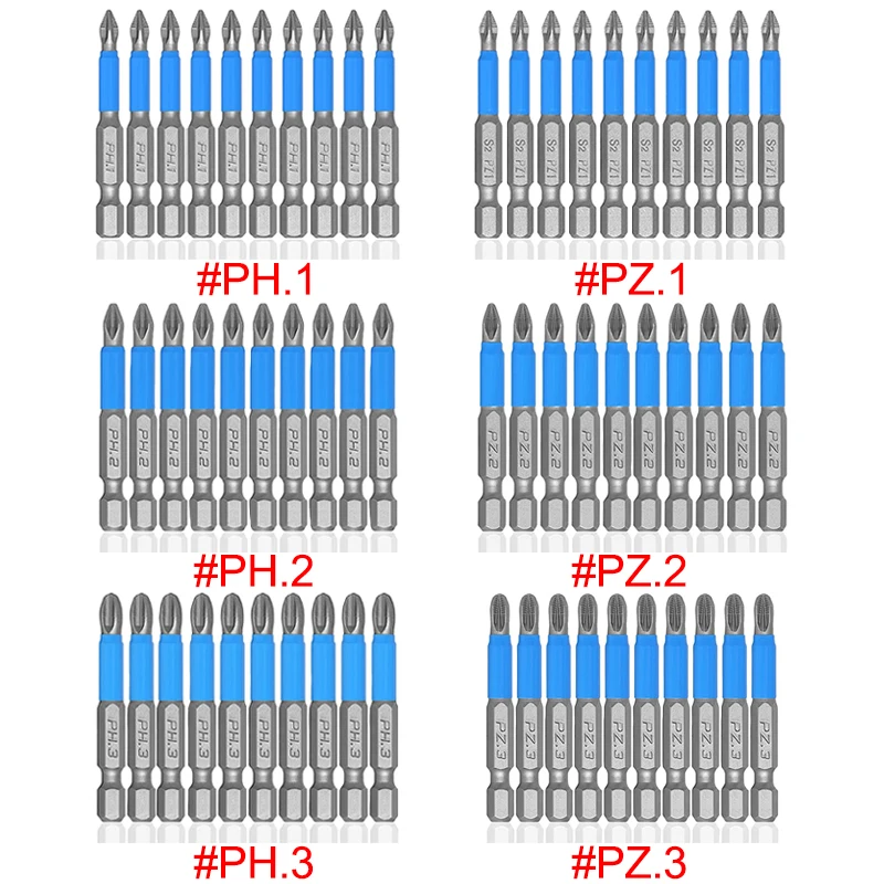 

10Pcs 50mm Anti Slip Screwdriver Bits Magnetic Single Head PH1 PZ1 PH2,PZ2,PH3 PZ3 S2 Steel Electric Tool Phillips Bit Hex Shank