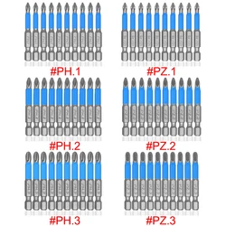 10Pcs 50mm Anti Slip Screwdriver Bits Magnetic Single Head PH1 PZ1 PH2,PZ2,PH3 PZ3 S2 Steel Electric Tool Phillips Bit Hex Shank