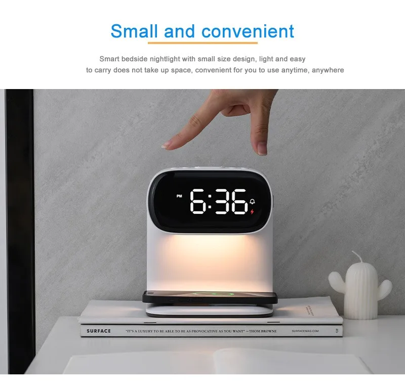Multifunctional Wireless Charging Night Light Alarm Clock, Touch Adjustable Brightness, with Snooze Mode,USB Plug in For Use