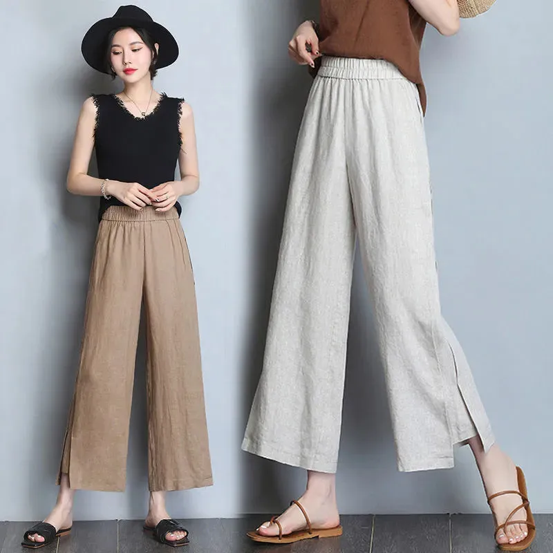 Cotton Linen Elastic Waist Wide-Leg Pants Women's Spring Summer 2023 Thin Loose High Waist Nine-Point Casual Pants Female