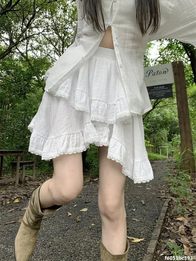

Spliced Lace High Waist Irregular Cake Skirts For Women A-line Sweet Girls All-match Korean Fashion Spring Summer White Clothes