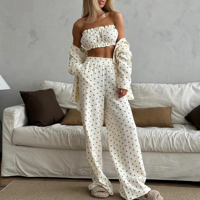 Printed Cotton Women\'s Pajama Set Strapless Pajamas Long Sleeve Pajamas Lapel Pajamas Long Pants Pajamas  3 Piece Suit