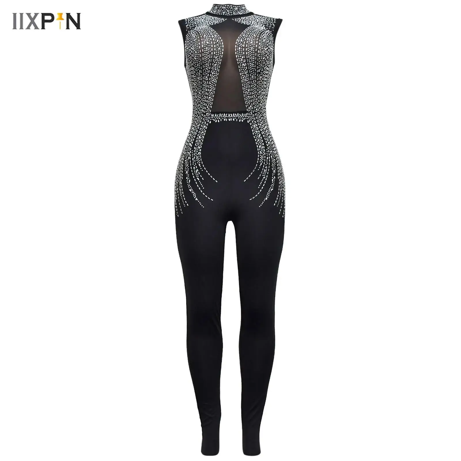

Womens Shiny Rhinestones Acrobatic Gymnastics Dance Jumpsuit Sheer Mesh Patchwork Sleeveless Slim Figure Ice Skating Bodysuit