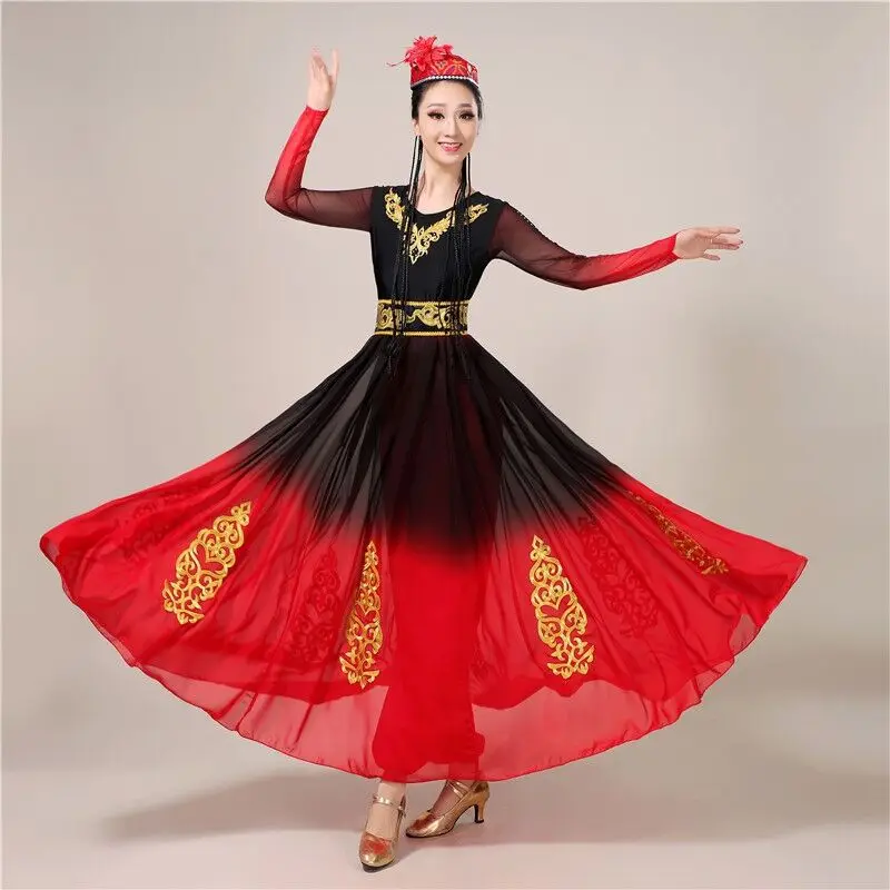 Vestido estilo étnico para mulheres, saia grande, roupa folclórica chinesa, roupa de performance de palco de ano novo, traje de dança uigur