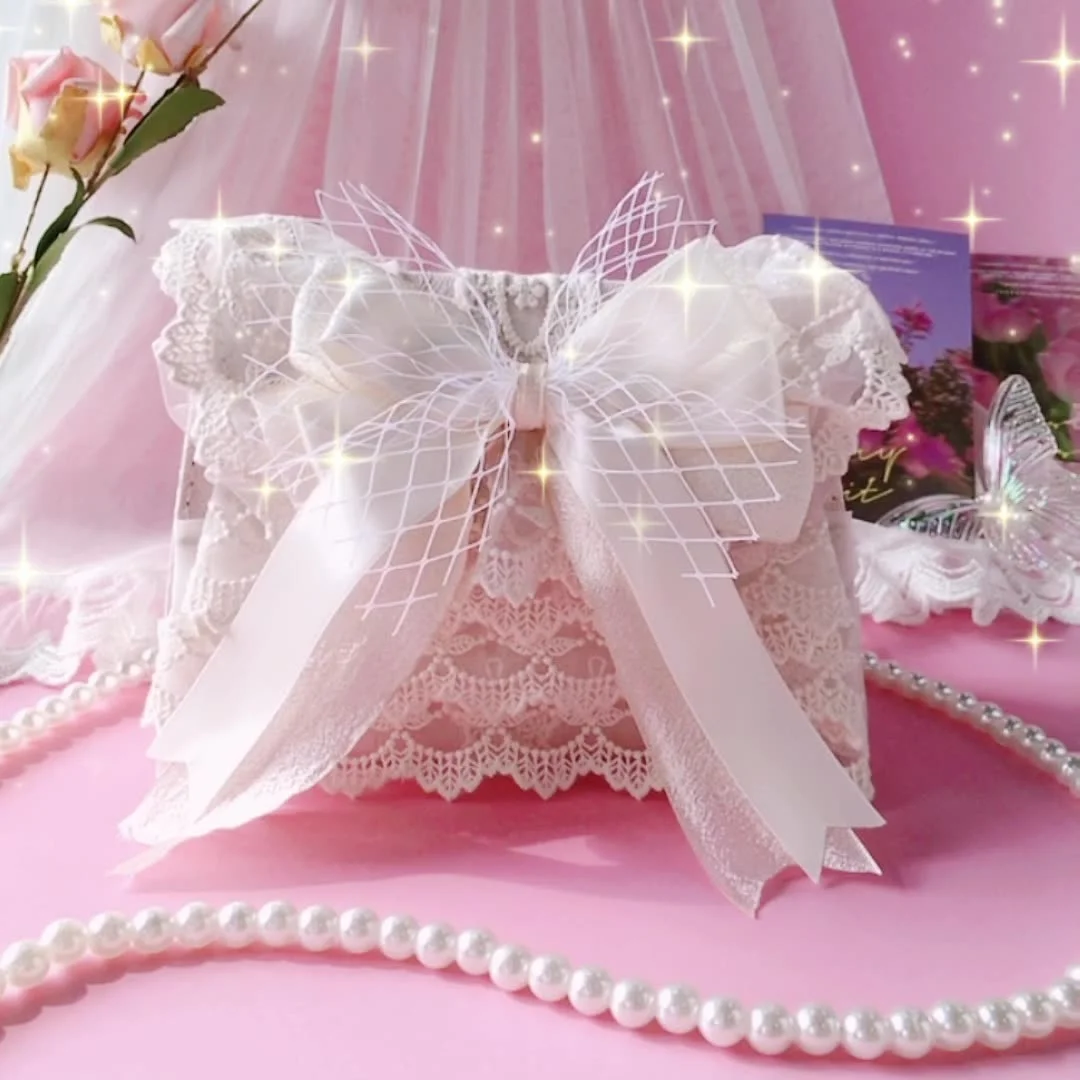 

Elegant Women Lolita Shoulder Bag Fashion Cute Girl Handmade HandBag Pink Bowtie Lace Imitation Pearl Cross Body Crossbody