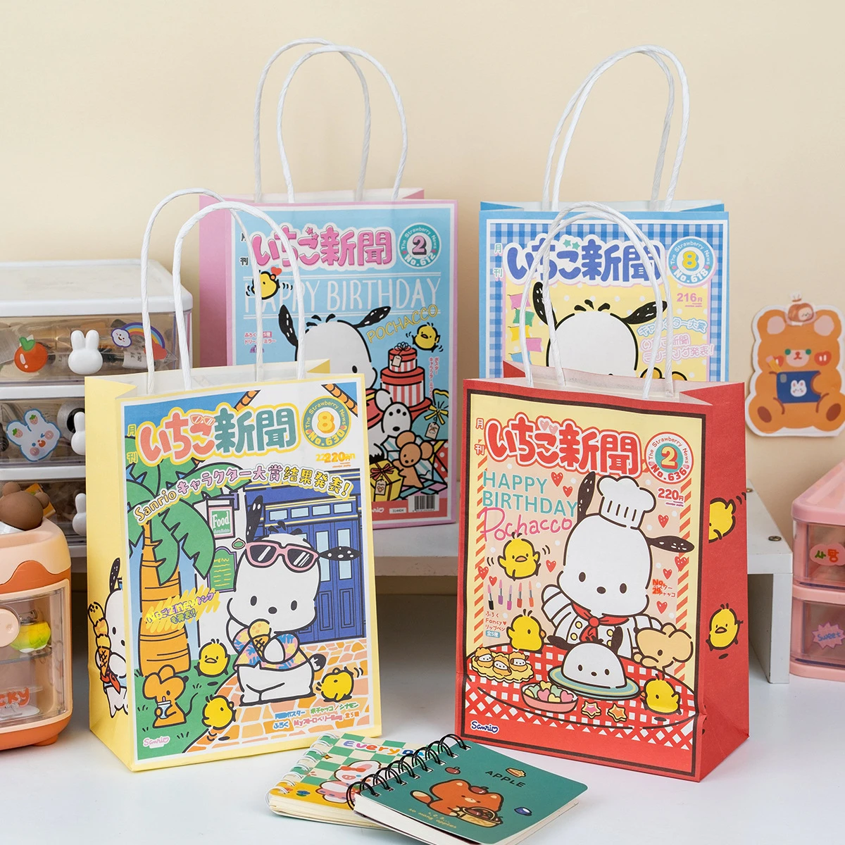 Novos modelos sanrio kuromi sacos de papel mymelody pachacco saco de presente de doces portátil criativo padrão dos desenhos animados festa de aniversário decoração presente