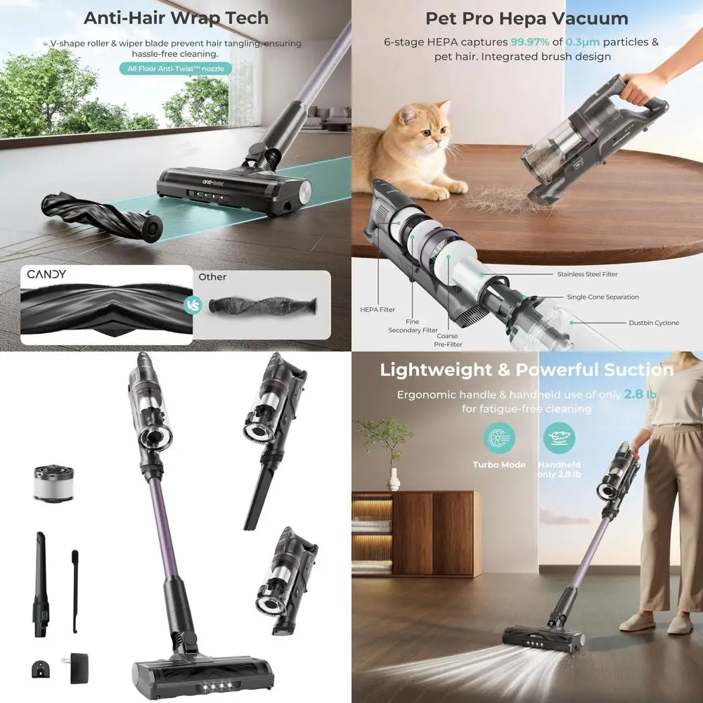 Long-Lasting 45-Minute Cordless Vacuum, Powerful Suction, Removable Battery, Anti-Tangle, Easy Cleaning for Floors and Pet Hair