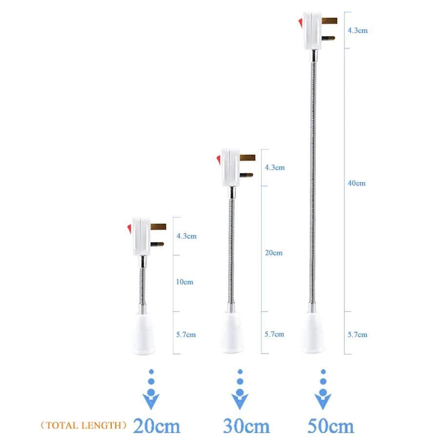 Elastyczna wtyczka EU US do E27 oprawka z przełącznikiem lampa obrotowa podstawka do lampy stołowej konwerter gniazda do żarówki 20cm 30cm 50cm