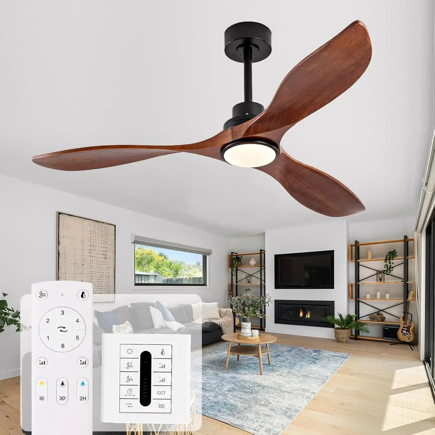 

52 Inch Solid Wood Ceiling Fans with Lights and Remote, 3 Blade Walnut Outdoor Ceiling Fans with Wall Control, Dimmable, 6 Speed