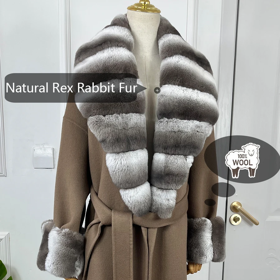 Women's Woolen Winter Coat With Real Rabbit fur Chinchilla Wool Cashmere Blends Oversize Loose Jacket Ladies Natural Fur Collar