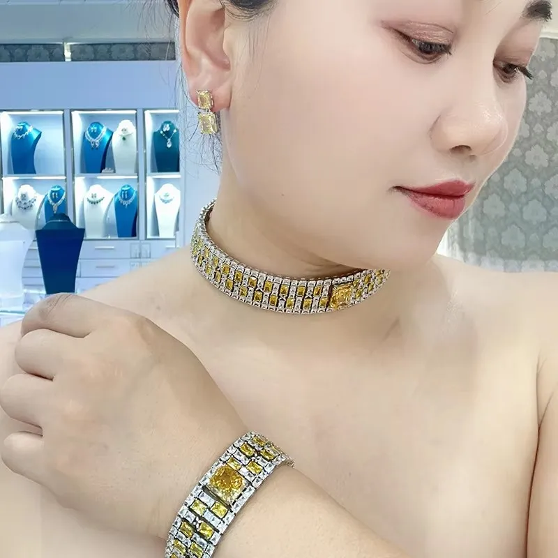 Europe America Earrings Bracelet Necklace Women Inlay Yellow Pink Cubic Zircon Square Ice Flower Cut Wide Chain Jewelry Sets