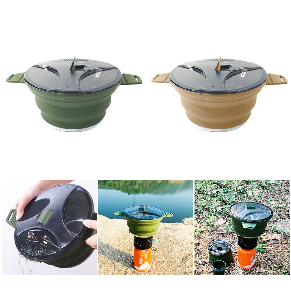 Outdoor Silicone Water Kettle Camping Folding Pot Portable Camping Cookware Picnic Stirfry Heat-Resistant Pot Cool Camping Gear