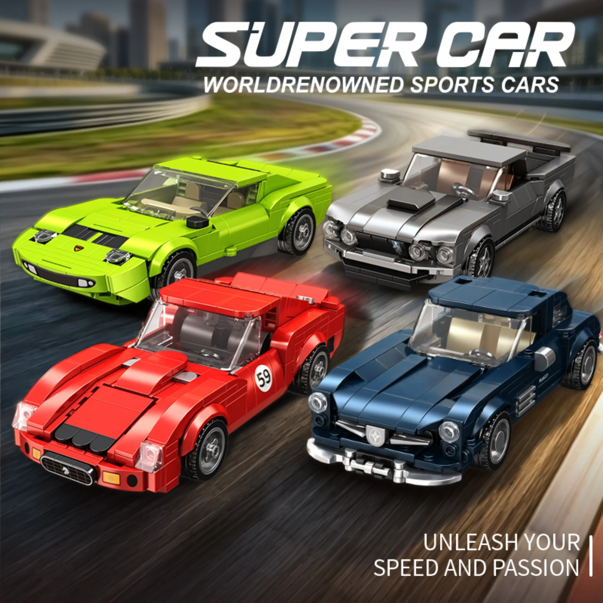 4 Styles Vintage Lamb Green Supercar Building Blocks MOC Classic Red Racing Vehicle Assembly Model Bricks for Adults Toys Gifts