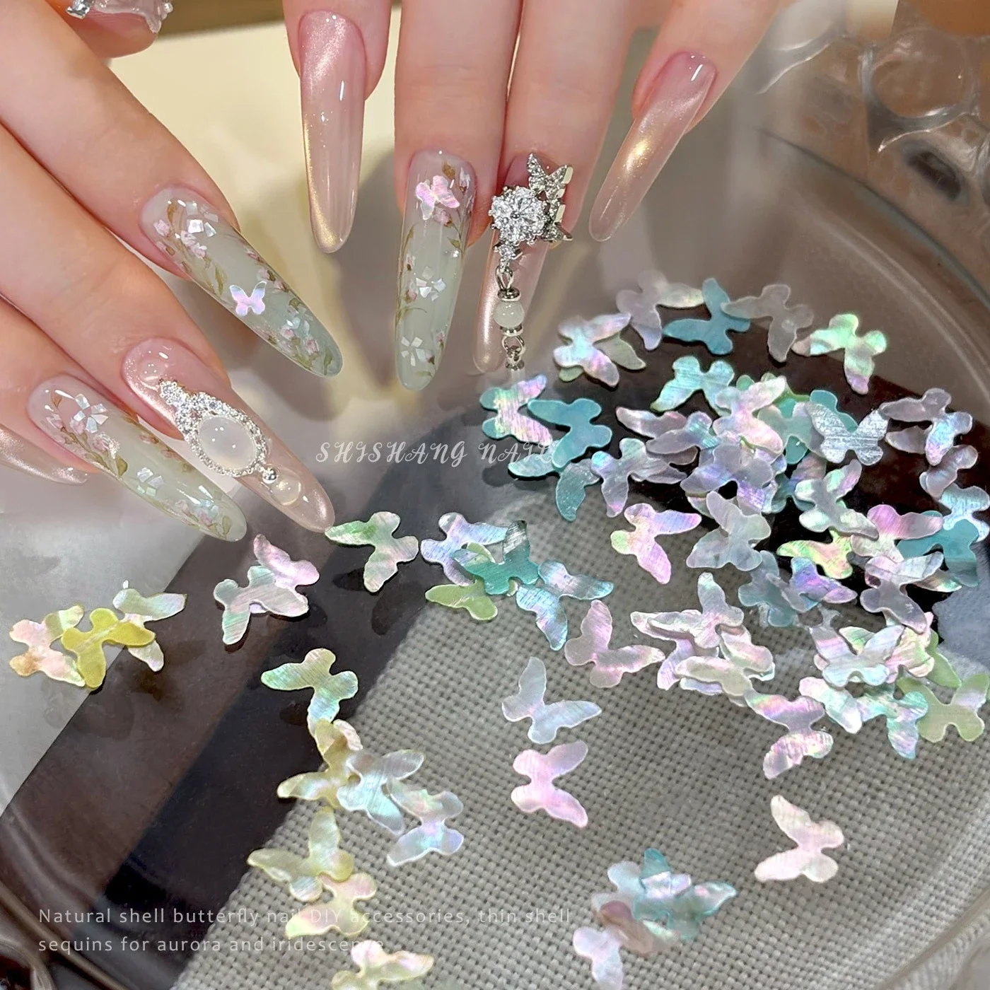 10Pcs Chinese‑style Shell Inlay Butterfly Nail Charms Ultra‑thin Aurora Iridescent Butterfly Slices for DIY Nail Art Decorations