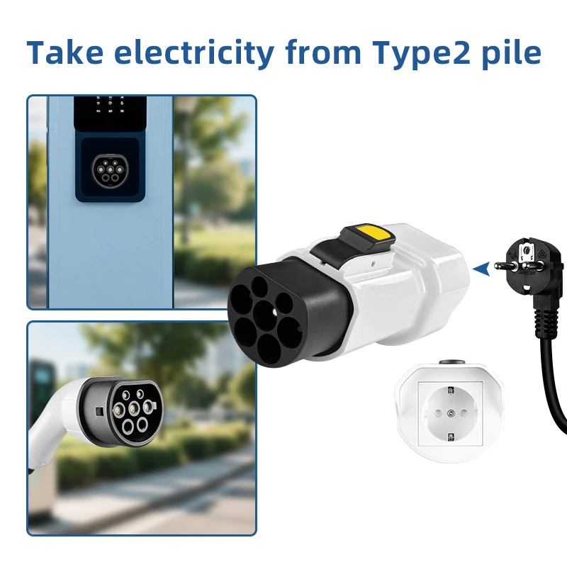 EVqiaoyi محول من نوع Type2 إلى مقباس منزلي 220 فولت (محول شاحن Type2 ذكر إلى مقباس كهرباء منزلي - متوافق مع جميع محطات الشحن من نوع Type2)