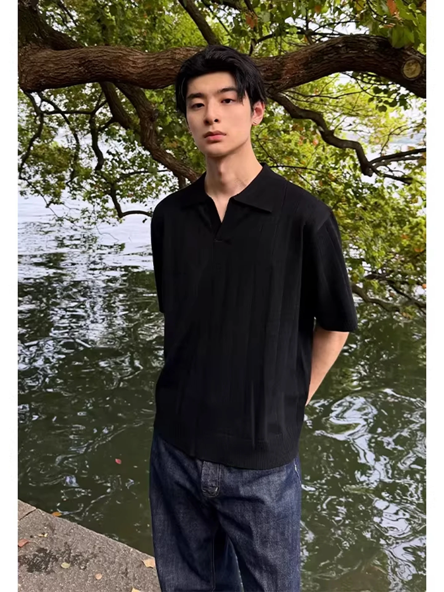 

Black Knitted Shirt Textured Stripe Design Short Sleeve Men's Summer Style Casual Fashion T-Shirt Half Sleeve Husbands Look