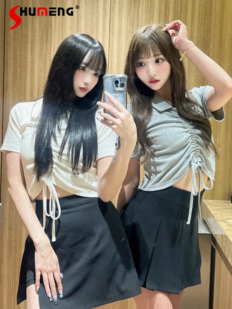 

Japanese Style Elegant Commuter Turn-Down Collar Short Sleeve Drawstring Lace-up Bow Sweet Versatile T-Shirts Tops Women Summer