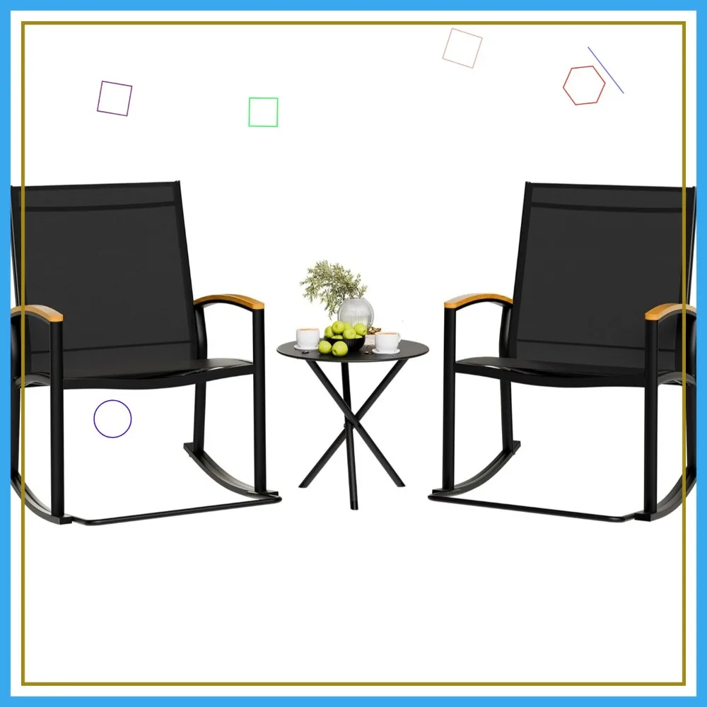 طقم بيسترو هزاز خارجي مكون من 3 قطع مع قماش Textilene، وأثاث فناء للحديقة والشرفة بجانب حمام السباحة باللون الأسود #1