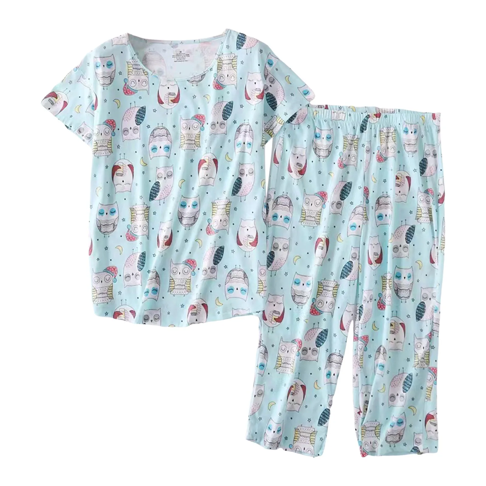 Plus Size Mom Pajamas Set Short Sleeve Cropped Trousers Sets Women Summer Korea Cute Cartoon Pyjamas Casual Sleepwear 2024