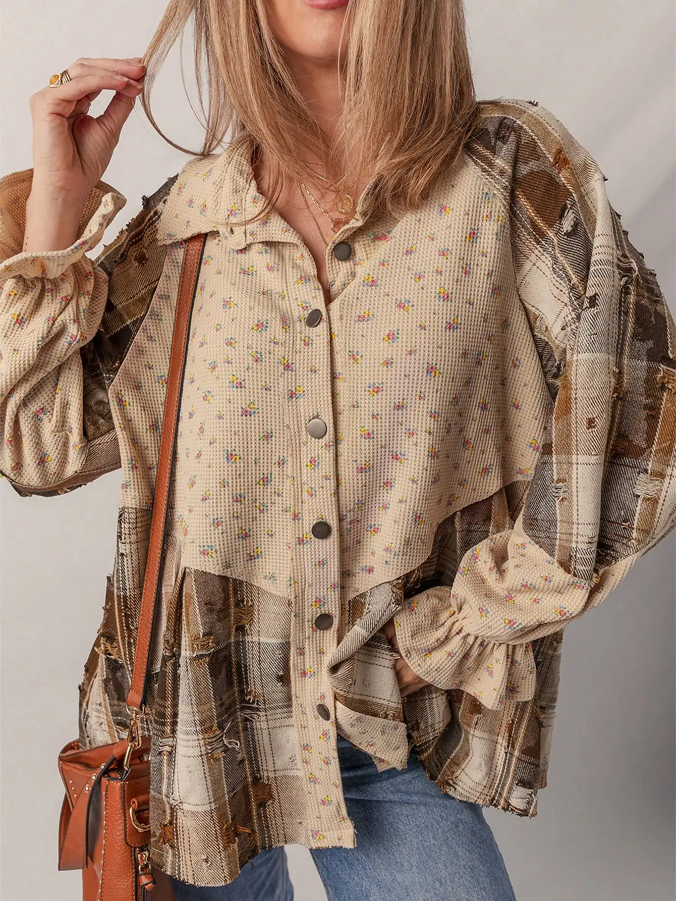 

Boho Patchwork Plaid Jacket with Floral Waffle Knit, Ruffle Cuffs & Distressed Detail for Fall Winter