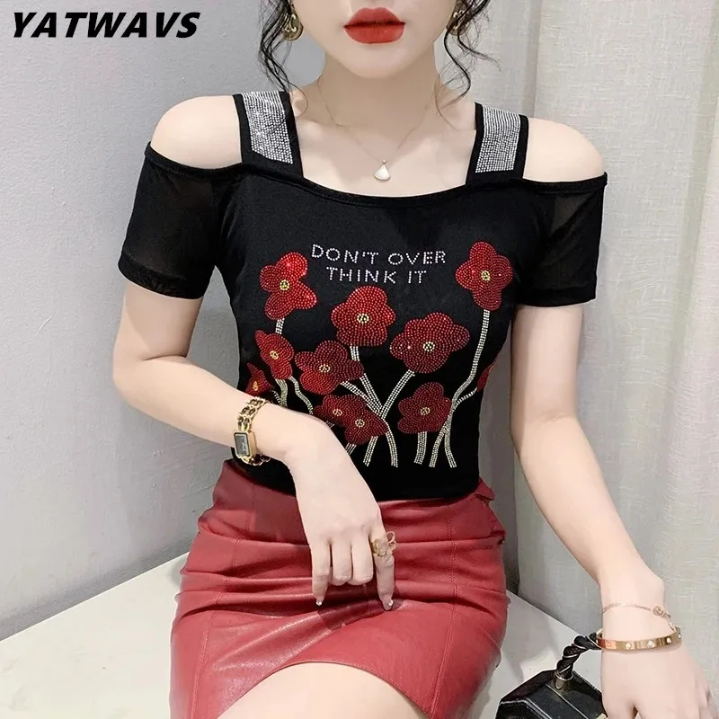 

M-3XL Summer New Lady Chic Shiny Flower Diamonds T-Shirt Fashion Sexy Off Shoulder Short Sleeve Women All Match Tees Tops