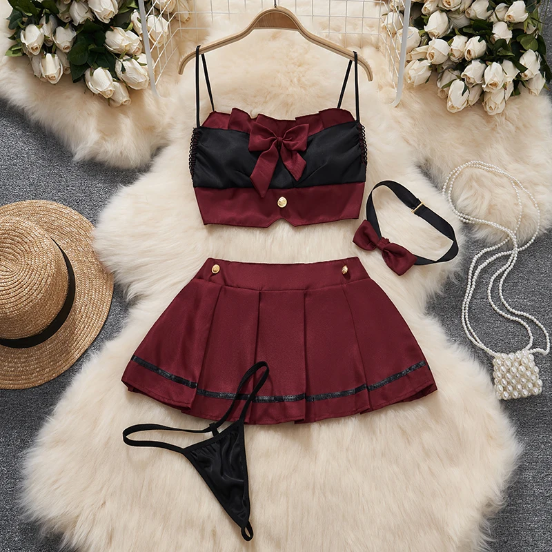 Christmas Bow Cute Hotsweet Thong Bunny Girl Lace-up Cardigan CropTop Sexy Women\'s Secret Clothes Sleeveless Color Blocked Suits