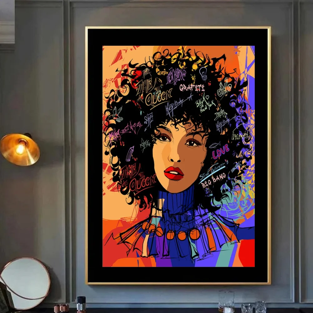 

African Women Canvas Painting Art Poster, Sexy Afro Girl, Hairstyle Salon Wall Art, Colorul Graffiti Print, Bedroom Decor