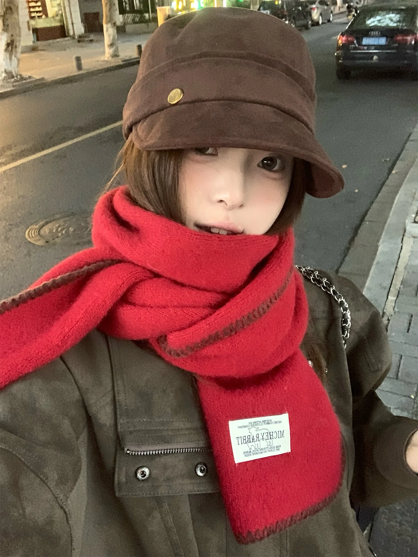 

Шерстяной красный вязаный шарф в корейском стиле для женщин, новый зимний утолщенный теплый шарф для защиты шеи, утеплитель для шеи