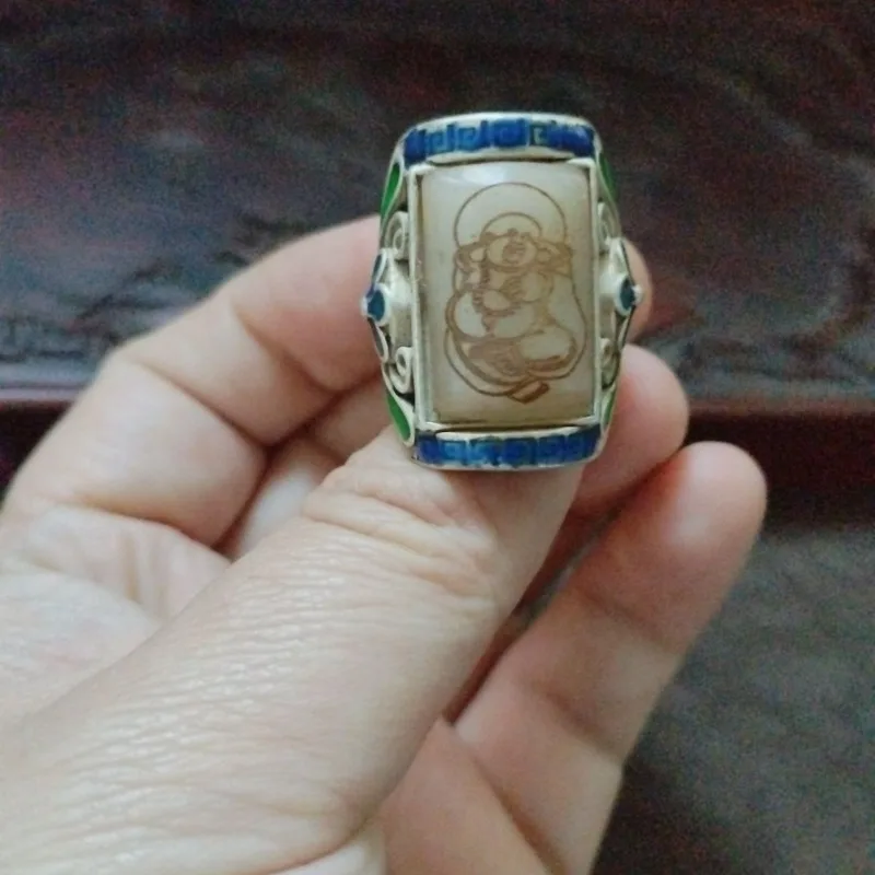 Vintage Old Silver Ring with Patina, Inlaid Hetian White Jade Maitreya Buddha, Unisex Square Collectible Adjustable Ring