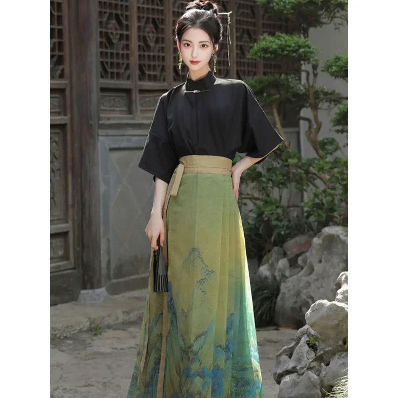 

Elegant Black Short Sleeve Hanfu Blouse Chinese Skirt for Women Horse Face Skirt Daily Wear ханьфу современный Prom Dresses