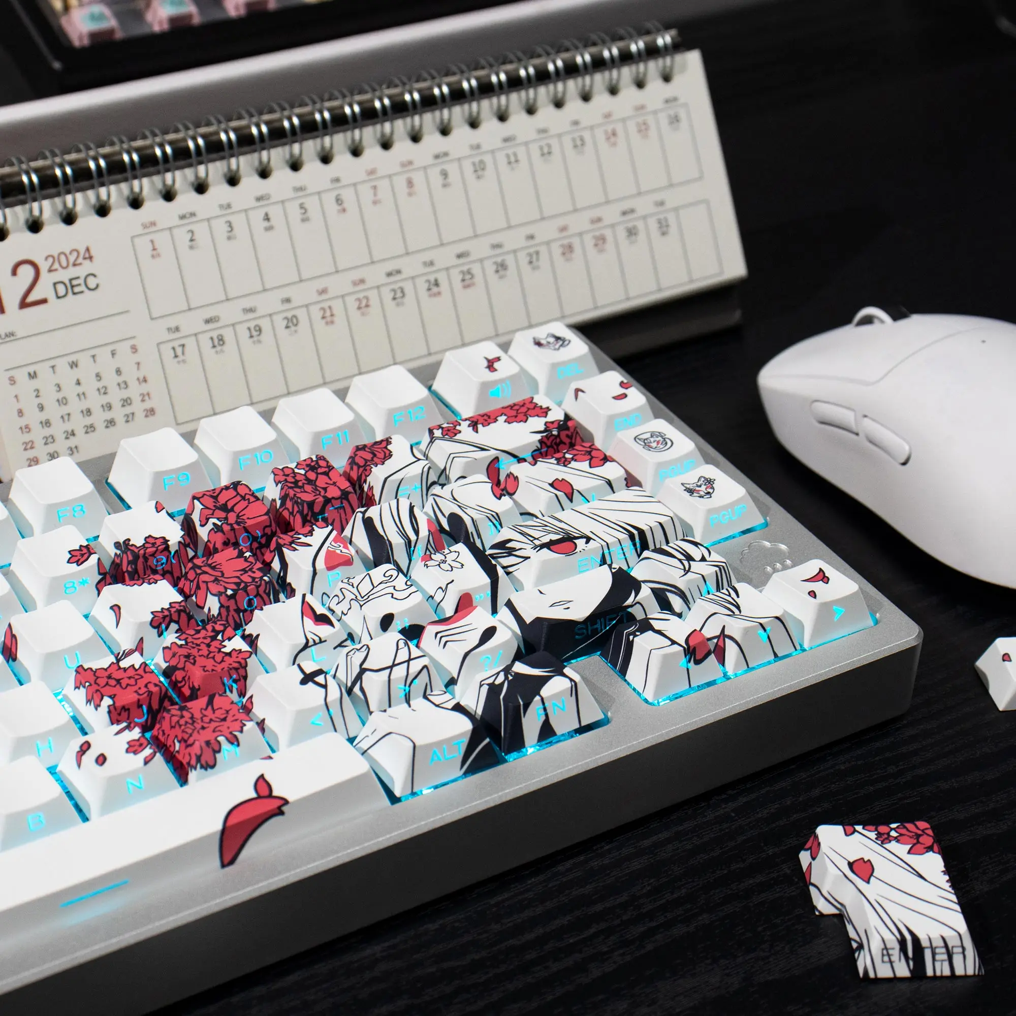 128 keys Raven Sakura Keycaps Dye-Sub Cherry Profile Cute Anime Keycaps Side Shine Through PBT Keycap For Mechanical Keyboard