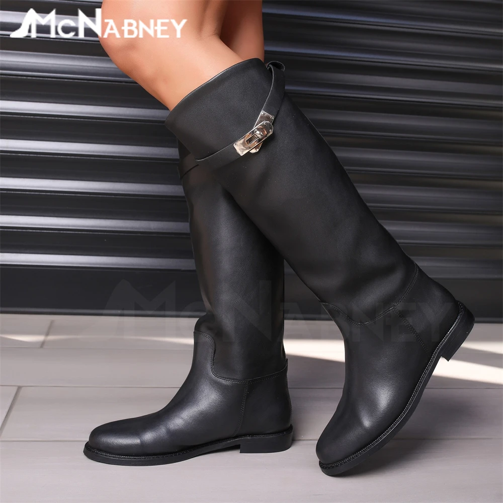 

Classic Metallic Lock Knee Boots Round Toe Flat Boots Black Leather Designer Concise Style Winter Boots Custom Color Large Size