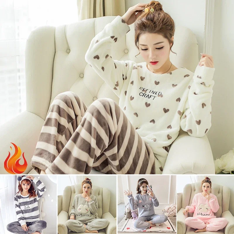 Women's Pajamas Long Sleeves Round Nect Sleepwear Warm Coral Velvet Flannel Home Clothes Suit for Women in Autumn and Winter