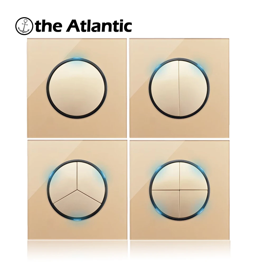 

Настенный светильник, стандартный круглый точечный переключатель сброса 1, 2, 3, 4 группы со светодиодным индикатором, переключатель с рамкой из золотого стекла, 16 А, 250 В