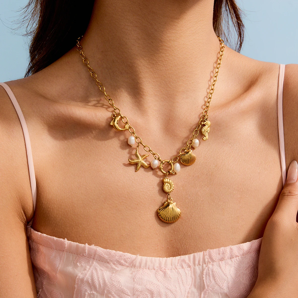 

Zora Bohemian Style 18K Gold-plated Stainless Steel Women's Starfish Shell Pearl Pendant Necklace Removable Accessories Jewelry